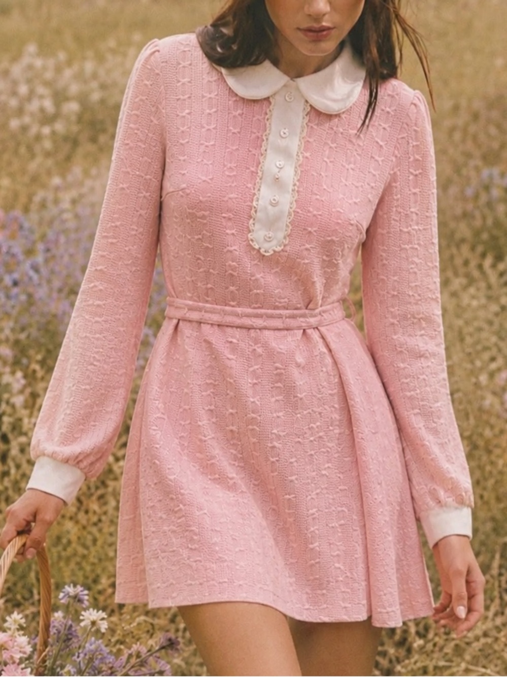 60 70s Olivia Rodrigo babydoll pink princess peach vintage collared dress